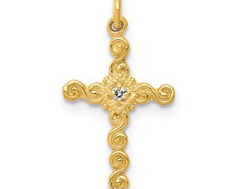 Solid 14k Yellow Gold Small .01ct. Simulated CZ Cross Charm