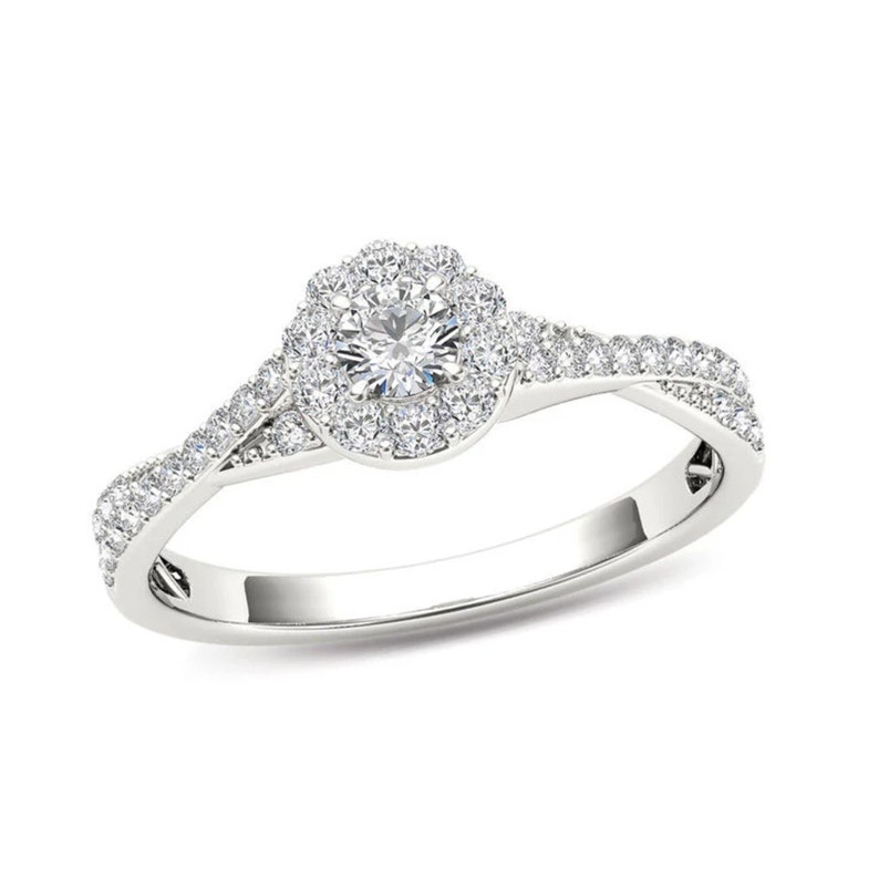 T.W Diamond Frame Twist Shank Engagement Ring in 14K White Gold Hand Made 12 CT