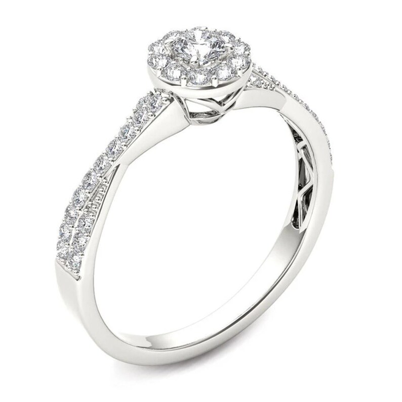 T.W Diamond Frame Twist Shank Engagement Ring in 14K White Gold Hand Made 12 CT
