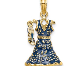 14k Yellow Gold 3-D Moveable Enamel Blue Floral Dress w/ Shoe Charm