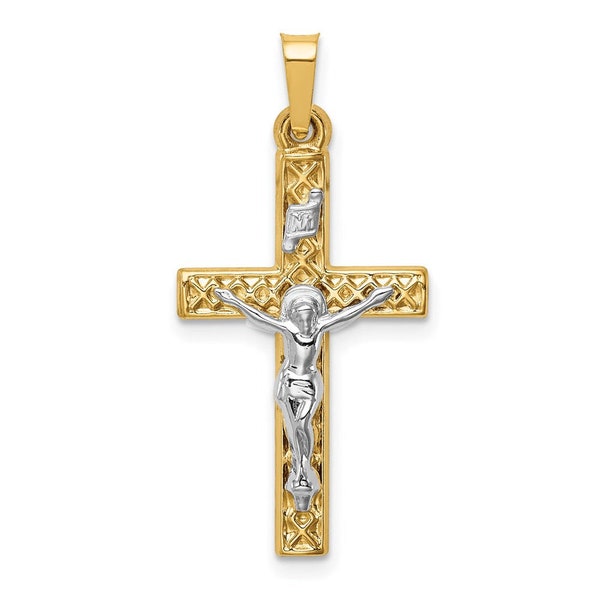 14k Two-tone Gold Polished Lattice Textured INRI Crucifix Pendant