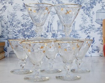 Vintage Libbey Royal Fern Cocktail Glasses Set of 7: Retro MCM Champagne Dessert Stemware Cocktail Party Barware