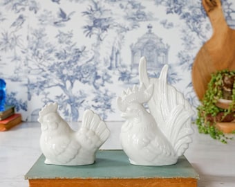 Vintage White Hen Rooster Chicken Figurines set of 2: 1970s Farmhouse Cottagecore Retro French Country Home Decor