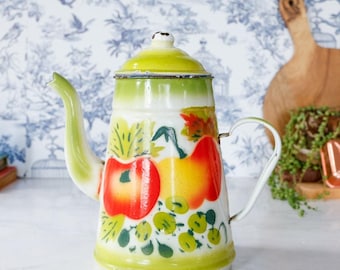 Vintage Fruit Harvest Enamelware Coffee Tea Pot: 1960s-70s Midcentury Retro Cottage Farm Grandmacore Tea Party Kitchen Dining Decor