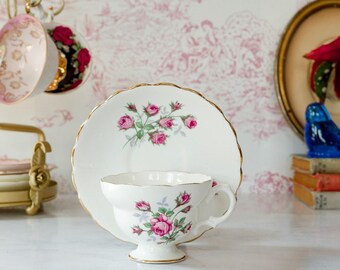 Vintage Bone China Floral Rose Teacup Set: 1960s-70s Retro MCM English Countryside Cottage Kitchen Dining Decor