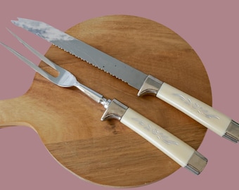 Vintage Regent Sheffield Floral Carving Set Japan: 1960s Floral Retro MCM Kitchen Knife Serving Tools