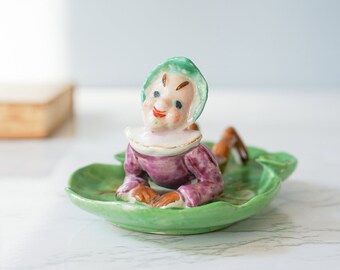 Vintage Pixie Lily Pad Trinket Dish Occupied Japan/ 1940s-50s Figurine/ Vintage Ashtray/Midcentury Figurine/ Kitsch Pixie/ Ceramic Elk