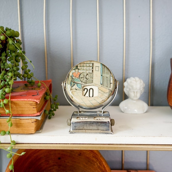 Vintage Perpetual Flip Calendar-Spinning Wheel Scene/ 1960s Desktop Calendar/ Vintage Home Decor/ Retro MCM Decor/ Library Office Decor