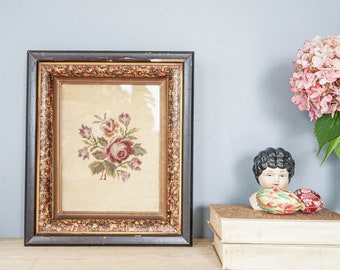 Vintage Antique Floral Needlepoint Framed/ 1920s Wall Hanging/ Vintage Wall Art/ Cottagecore/ Vintage Wall Decor/ Victorian Wood Frame