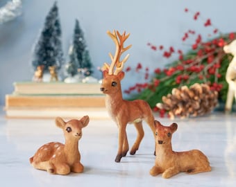 Vintage 1998 Felt Flocked Deer Set of 3/ 1990s Reindeer Fawn Doe Figurines/ Holiday Christmas Deer Decor/ Fairycore Cottagecore Xmas Decor