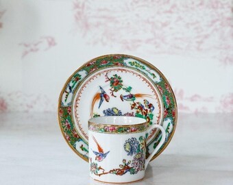 Vintage Famille Rose Chinoiserie Bird Flower Demitasse Teacup Set: 1950s-70s Retro MCM Grandmillennial Tea Party Kitchen Decor