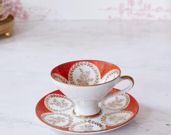 Vintage Bareuther Bavaria Floral Wreath Demitasse Teacup Set: 1960s MCM Regency Cottage Kitchen Dinning Tea Party Decor