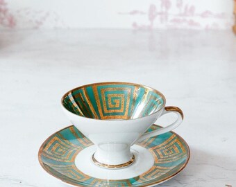 VTG Bareuther Bavaria Greek Key Demitasse Teacup Saucer Set: 1960s Midcentury Art Deco Regency Tea Party Dinning Decor