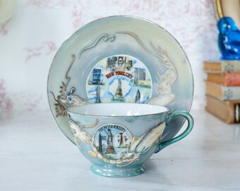 Vintage Moriage Dragonware Teacup Set with Geisha Lithophane: 1950s New York City Souvenir Chinoiserie Grandmillennial Dinning Decor