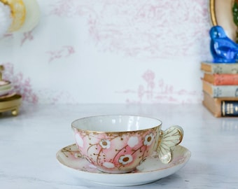 VTG Sakura Floral Butterfly Handle Teacup Set: 1960s Grandmillennial Chinoiserie Asian Retro Whimsigoth Kitchen Dining Decoration