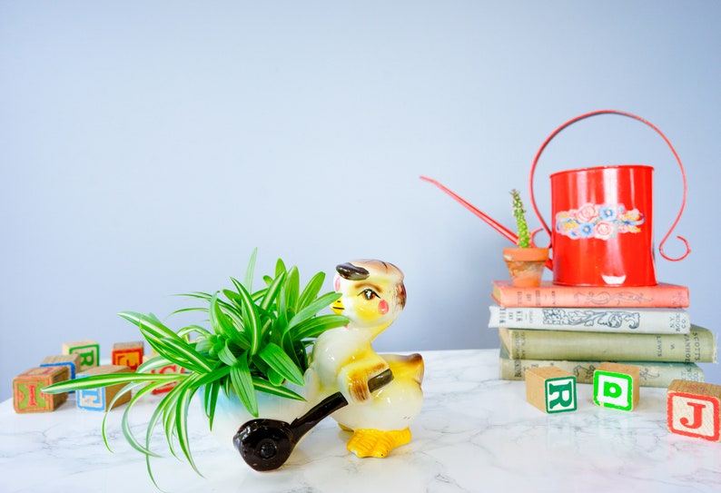 May include: A yellow ceramic planter shaped like a duck pulling a wagon, with a green spider plant growing inside. The planter is on a white marble surface with red and green alphabet blocks and a red watering can with a cactus in a terracotta pot on top of a stack of books.