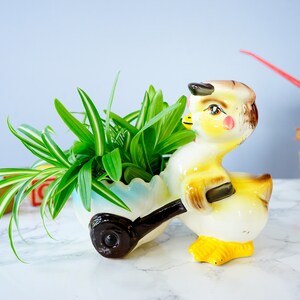 May include: A yellow ceramic chick planter pushing a blue and white wheelbarrow planter. The chick has a brown hat and red cheeks. The planter is filled with green spider plants.