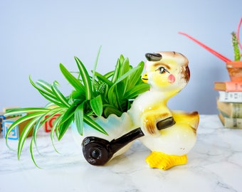 May include: A yellow ceramic chick planter pushing a blue and white wheelbarrow planter. The chick has a brown hat and red cheeks. The planter is filled with green spider plants.