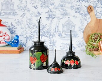 Vintage Set of 3 Strawberry Floral Hand Painted Thumb Push Oil Cans: 1970s Retro Folk Art Rustic Primitive Cottage Farmhouse Decor
