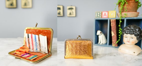 Vintage Golden Vinyl Travel Sewing Kit/ 1960s Sewing Kit/ Sewing Purse/ Vintage Decor/ Sewing Collectible/ Sewing Notions/ Sewing Bag