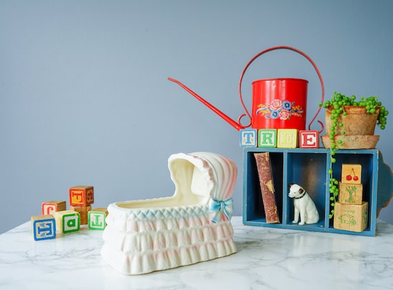 Vintage Music Box Baby Bassinet Planter/ 1960s Ceramic/ Baby Nursery Planter/ Vintage Planter/ Vintage Home Decor/ Mid Century Kitsch/ Vase