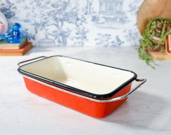 Vintage Enamel Pan by Bakers Ware National Silver Co: 1970s MCM Retro Cottage Farm Rustic French Country Meatloaf Casserole Baking cookware