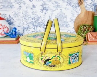 Vintage Victorian Leisure Tin Litho Basket Box: 1960s Retro MCM Sewing Storage Cottage Farmhouse Home Decor
