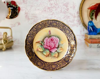 Vintage Paragon Cobalt Cabbage Rose Saucer Signed A J Plant: 1940s Cottage Grandma Retro Display Cabinet Plate