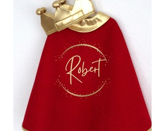 Little King Costume -Named Cloak-Custom Kid's Cape and King Crown - Handmade   - Size 0-6 Years (velcro collar)