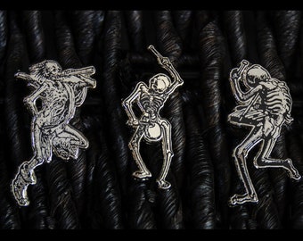 Dance Macabre Musical Medieval Skeletons Hans Holbein Enamel Lapel Pin Set horn xylophone drum Halloween