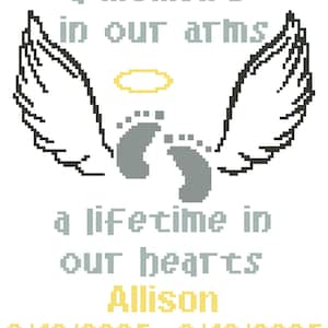 Può includere: Un'immagine in bianco e nero di un paio di ali d'angelo con un alone sopra un paio di impronte di piedi di bambino grigie. Il testo "a moment in our arms a lifetime in our hearts Allison 2/13/2025 - 2/13/2025" è scritto sotto l'immagine.