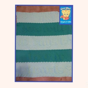 May include: A green and white striped crocheted baby blanket with the words "You will always be our little miracle" embroidered in white.