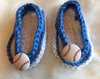 Baby Sandals Flip Flops Slip On Shoes Crochet Blue and White with Baseballs Sz 0-3 Months