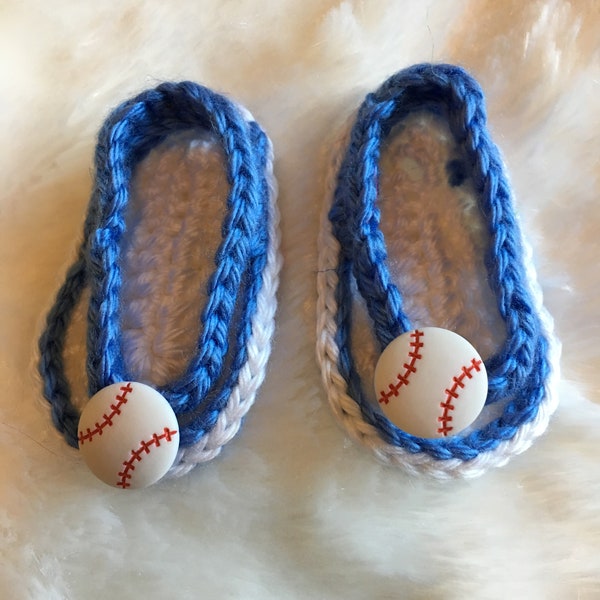 Baby Sandals Flip Flops Slip On Shoes Crochet Blue and White with Baseballs Sz 0-3 Months