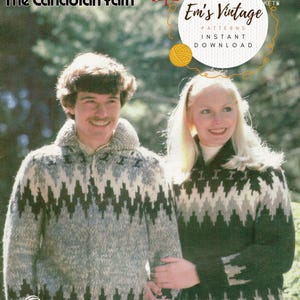 May include: Two people wearing matching sweaters with a black and white geometric pattern. The sweaters are made with White Buffalo The Canadian Yarn. The image includes the text "6727", "FOR USE WITH WHITE BUFFALO 6 STRAND YARN", "Em's Vintage PATTERNS INSTANT DOWNLOAD".