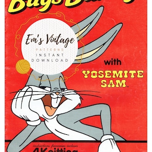May include: A red and white vintage knitting pattern featuring Bugs Bunny and Yosemite Sam. The pattern includes instructions for knitting 4 different patterns for children and adults. The pattern is from Em's Vintage Patterns and is an instant download.