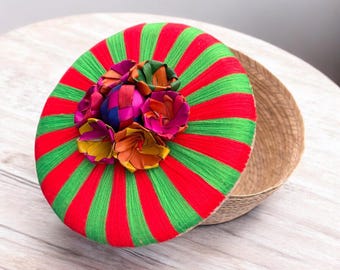 Handmade Palm Basket with Embroidered Floral Lid: Mexican Kitchen Storage