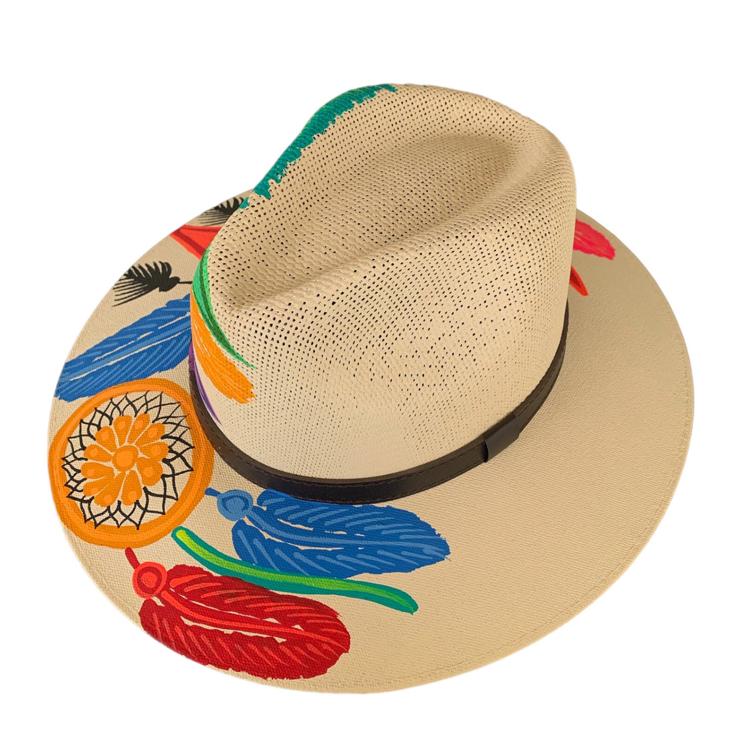 Hand Painted Mexican Fedora Hat Black Dreamcatcher Floral Boho Wide Brim Medium Hand-Embroided Mexican Fedora Hat, Straw with Floral Design  main image 2