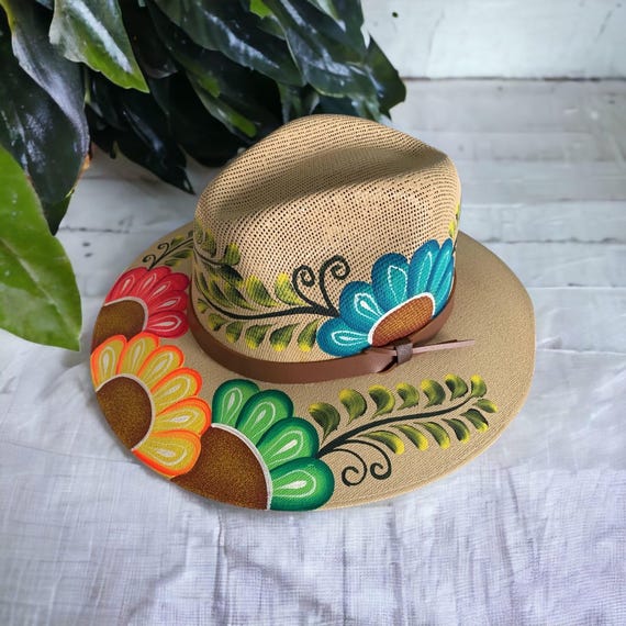 Hand-painted Floral Fedora, Traditional Mexican Hat - Etsy display picture 2