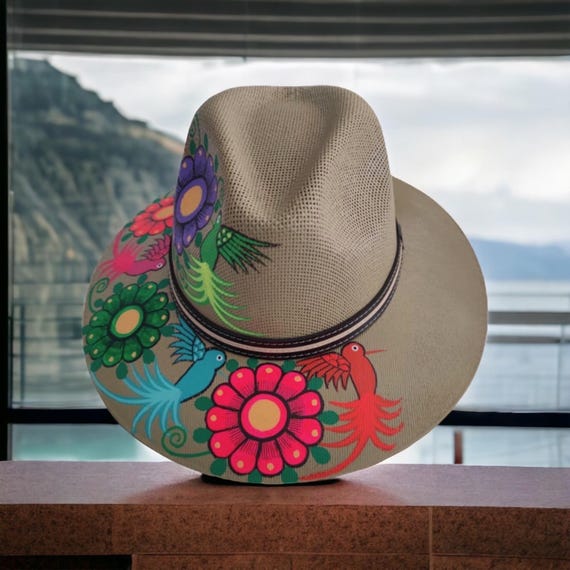 Hand-painted Fedora Hat, Colorful Hummingbird Floral Design 