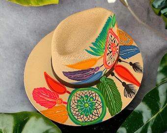 Chapéu Fedora Apanhador de Sonhos Pintado à Mão, Chapéu Tradicional Mexicano