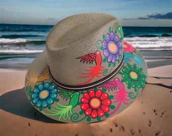 Hand-Painted Straw Fedora Hat with Colorful Bird & Floral Design Bird Designs 2 or 3 Tones Authentic Hand Painted Fedora Hats  main image 2