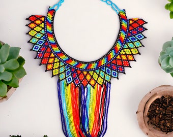 Handwoven Bib Necklace, Colorful Beaded Mexico Jewelry