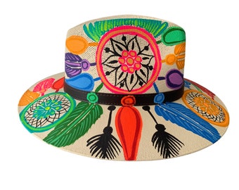 Hand Painted Mexican Fedora Hat Black Dreamcatcher Floral Boho Wide Brim Medium Hand Painted Mexican Fedora Hat Black Dreamcatcher Floral  main image 3