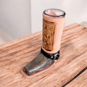 Mexican tequila shot glass boot, leather wrapped glass with engraved horse, Mexican style, patriotic fiesta barware, unique gift