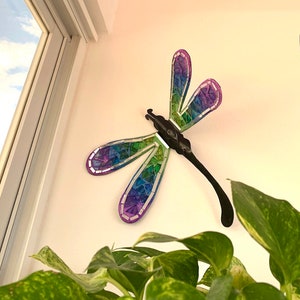 Forged Metal Dragonfly Decor, Green Blue Purple Glass Mosaic Wings, Mexican Craft