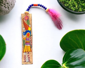 Hand-Painted Amate Paper Bookmark, Mexican Folk Art Bird & Feather