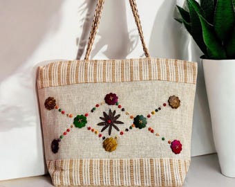 Handmade Jute Tote Bag with Floral Shell Embellishments, Boho Eco Bag