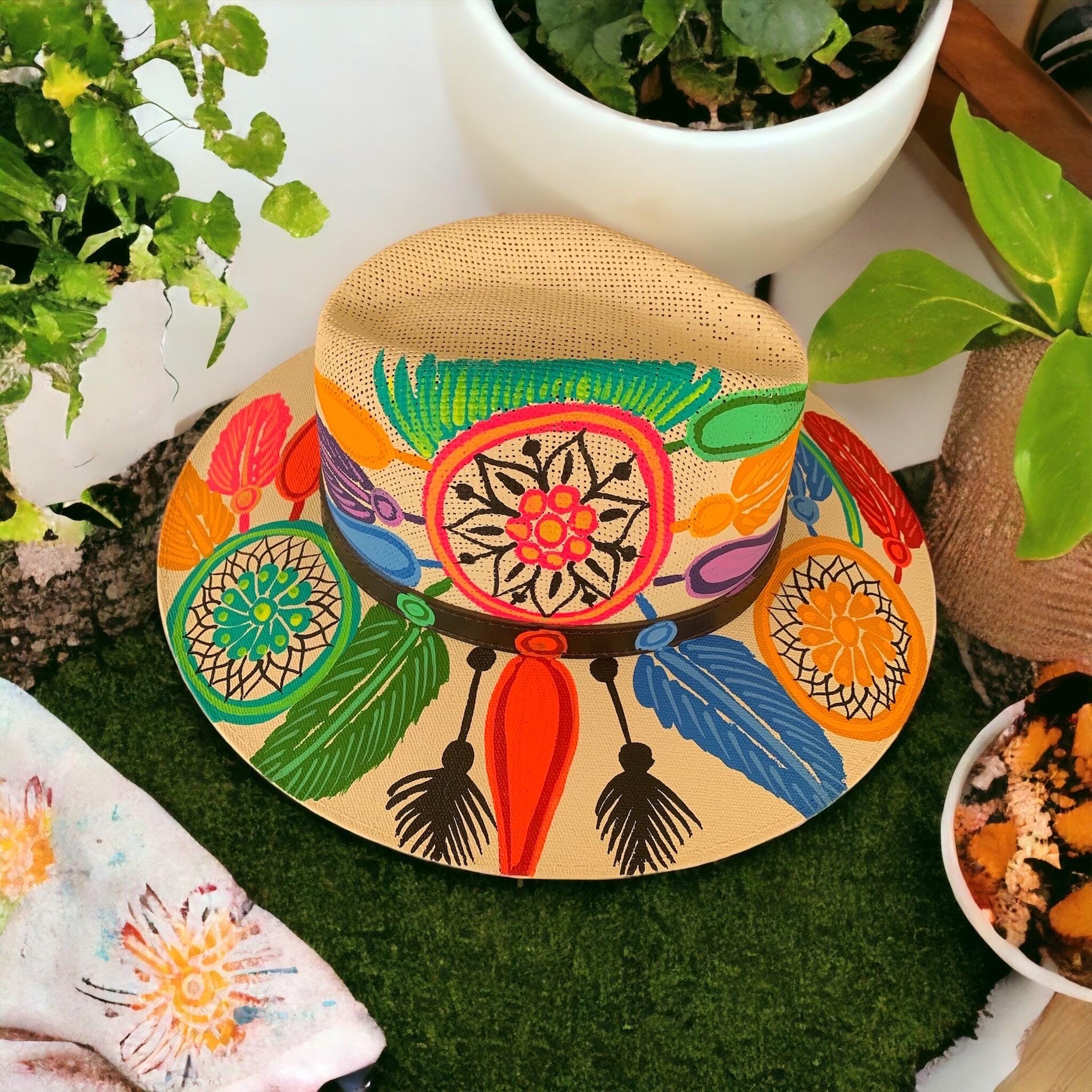 Hand Painted Mexican Fedora Hat Black Dreamcatcher Floral Boho Wide Brim Medium Hand-Embroided Mexican Fedora Hat, Straw with Floral Design  main image 4