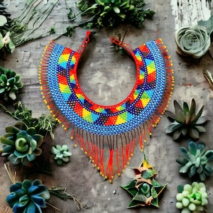 Woven bib necklace, huichol necklace, mexico jewelry for woman, necklace mostacillas, beaded bright necklace, collar babero, collar chaquira